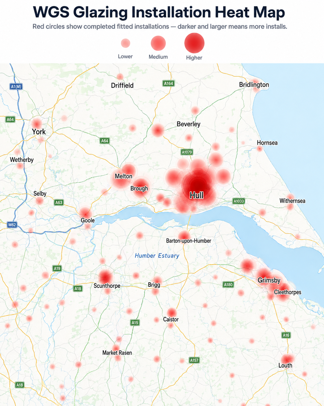WGS Glazing installation heat map of completed installations across Hull, East Yorkshire and North Lincolnshire
