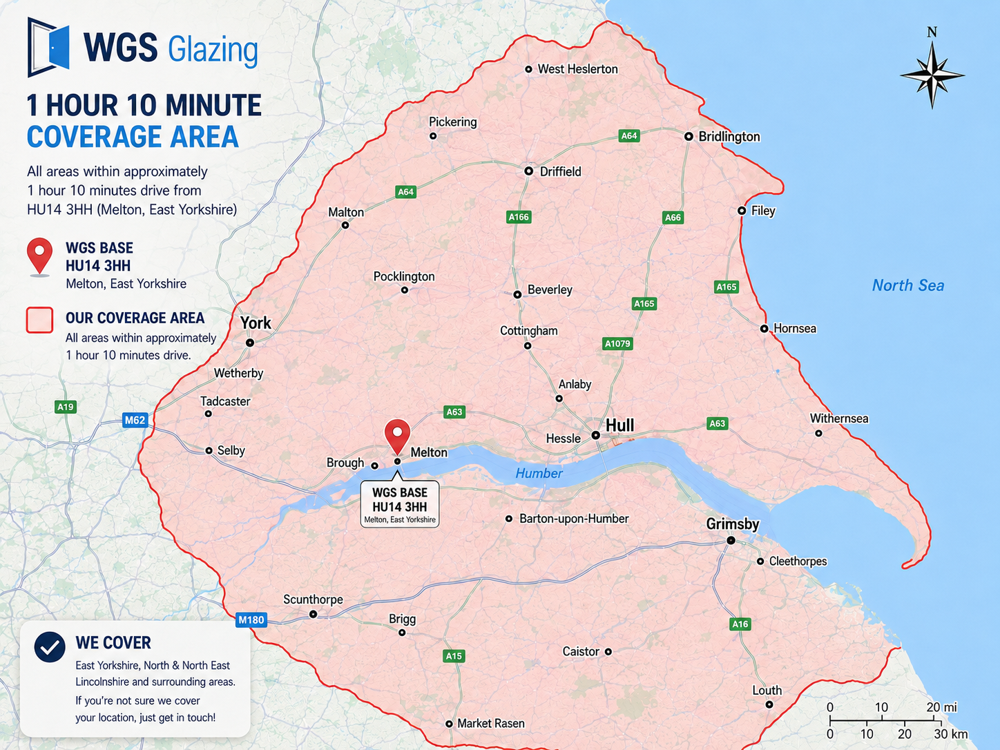 WGS Glazing coverage area map showing locations within about 1 hour 10 minutes' drive of Melton