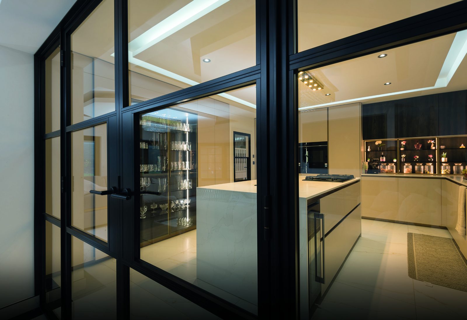 Origin OI-30 Soho internal steel-look doors and glazed screen beside a kitchen
