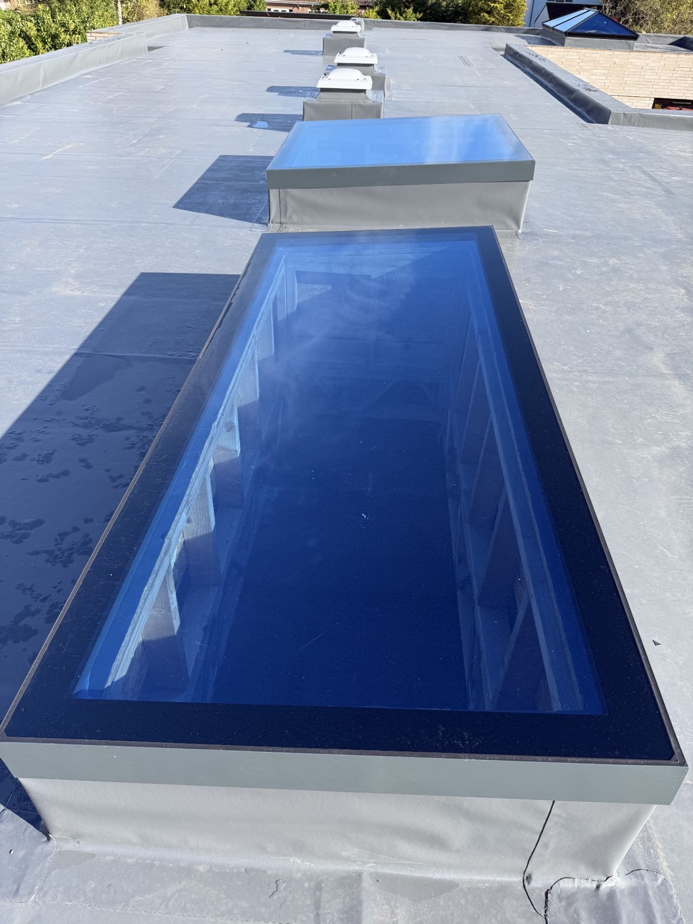 A line of square Infinity framed flat rooflights on a flat roof