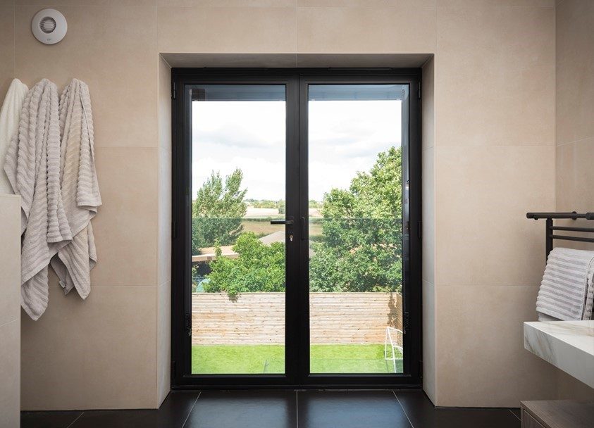Origin aluminium French doors viewed from inside the room